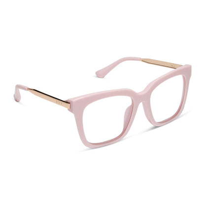 diff eyewear featuring the bella square prescription glasses with a powder pink with gold frame angled view