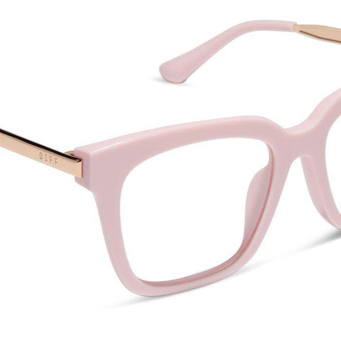diff eyewear featuring the bella square prescription glasses with a powder pink with gold frame detailed view