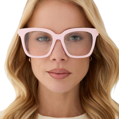 on model - blonde female wearing diff eyewear featuring the bella square prescription glasses with a powder pink with gold frame front view