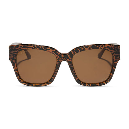 diff eyewear featuring the bella ii square sunglasses with a animal print frame and brown lenses front view