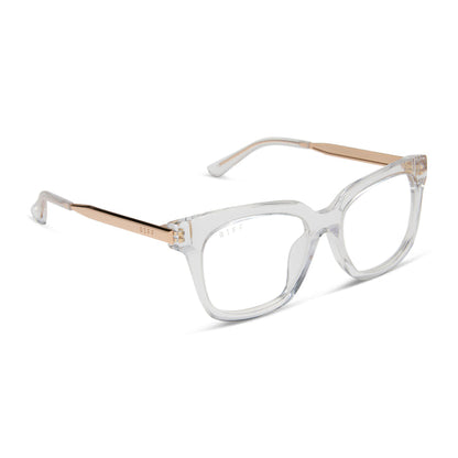 diff eyewear featuring the bella xs square prescription glasses with a clear crystal with gold frame angled view