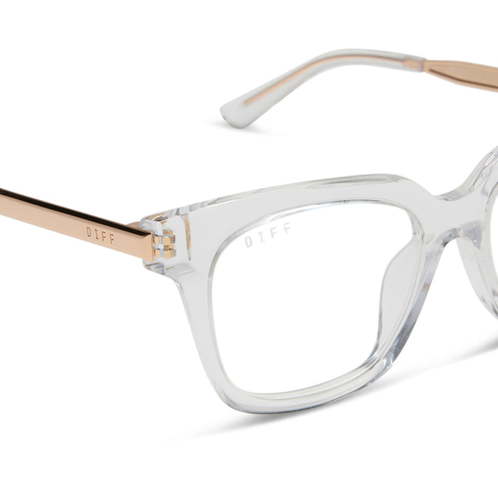 diff eyewear featuring the bella xs square prescription glasses with a clear crystal with gold frame detailed view