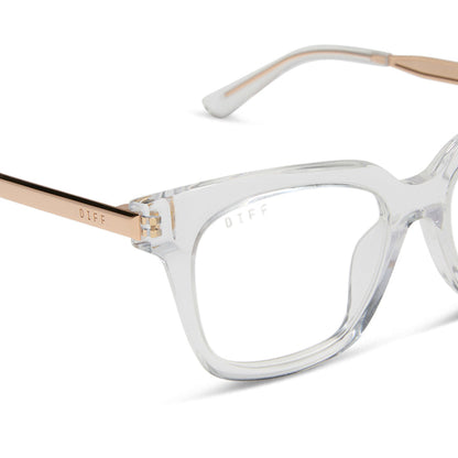 diff eyewear featuring the bella xs square prescription glasses with a clear crystal with gold frame detailed view