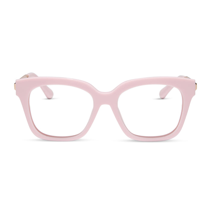 diff eyewear featuring the bella xs square prescription glasses with a powder pink with gold frame front view