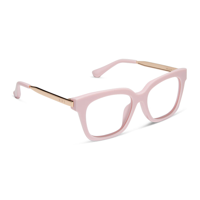diff eyewear featuring the bella xs square prescription glasses with a powder pink with gold frame angled view