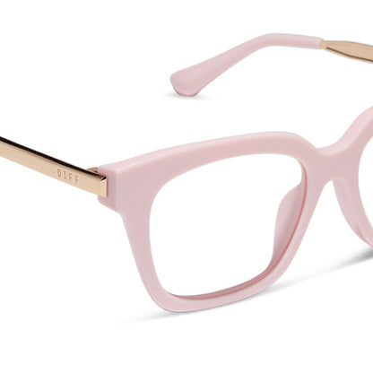 diff eyewear featuring the bella xs square prescription glasses with a powder pink with gold frame detailed view