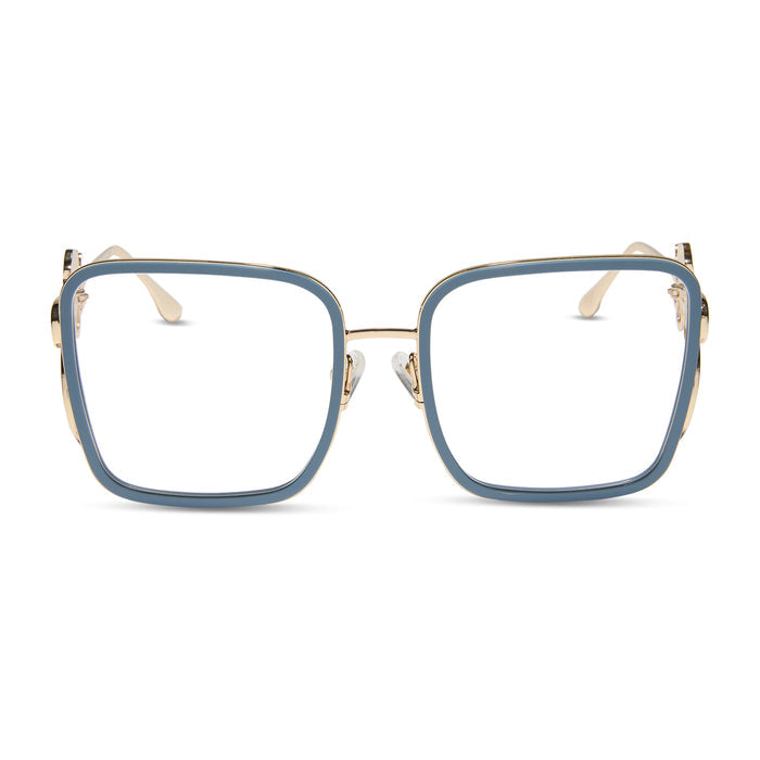 disney princess x diff eyewear featuring the belle 2.0 prescription glasses with a gold and blue frame front view