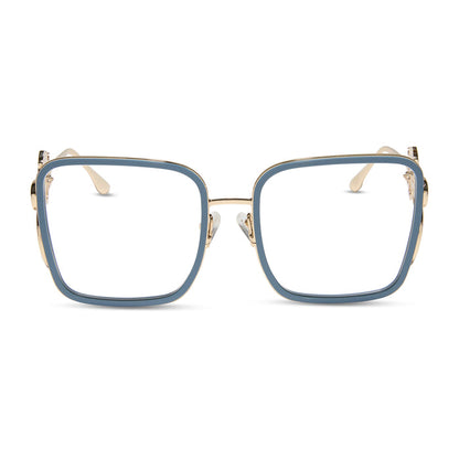 disney princess x diff eyewear featuring the belle 2.0 prescription glasses with a gold and blue frame front view
