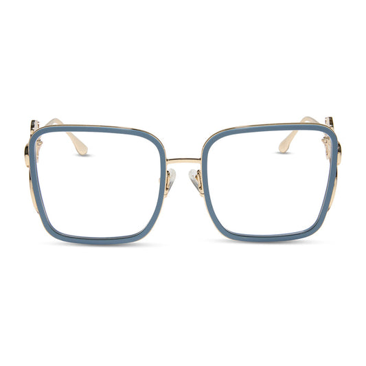 disney princess x diff eyewear featuring the belle 2.0 prescription glasses with a gold and blue frame front view