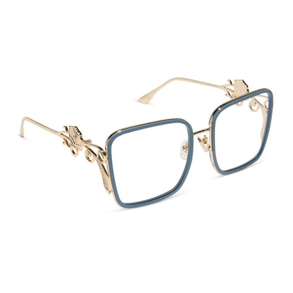 disney princess x diff eyewear featuring the belle 2.0 prescription glasses with a gold and blue frame angled view