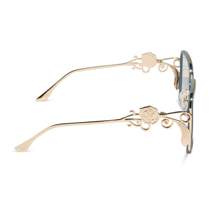 disney princess x diff eyewear featuring the belle 2.0 prescription glasses with a gold and blue frame side view