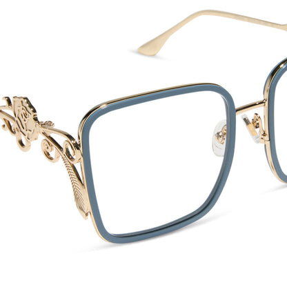 disney princess x diff eyewear featuring the belle 2.0 prescription glasses with a gold and blue frame detailed view