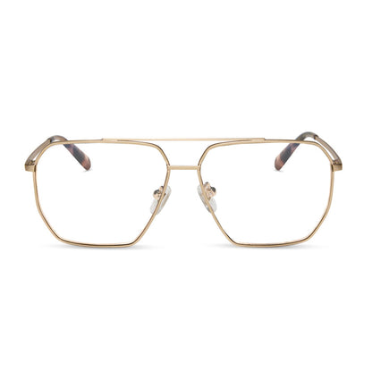 diff eyewear featuring the berkely navigator blue light technology glasses with a brushed gold metal frame and espresso tortoise tips front view