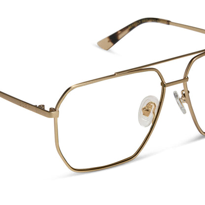 diff eyewear featuring the berkely navigator blue light technology glasses with a brushed gold metal frame and espresso tortoise tips detailed view