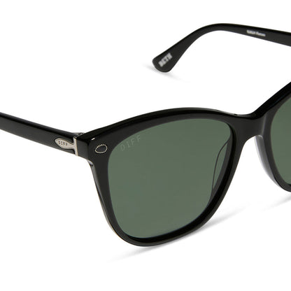 yellowstone x diff eyewear featuring the beth iii cat eye sunglasses with a black frame and grey lenses detailed view