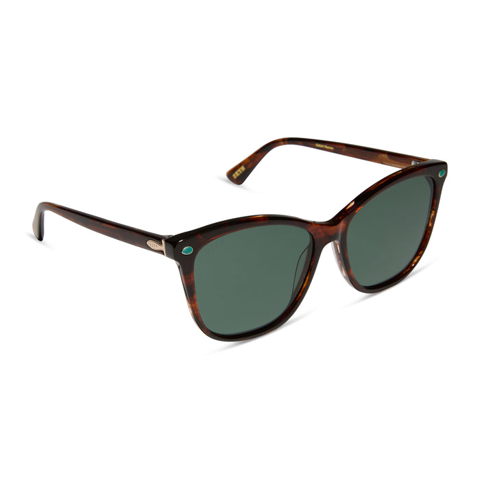 yellowstone x diff eyewear featuring the beth iii cat eye sunglasses with a sequoia tortoise frame and g15 polarized lenses angled view