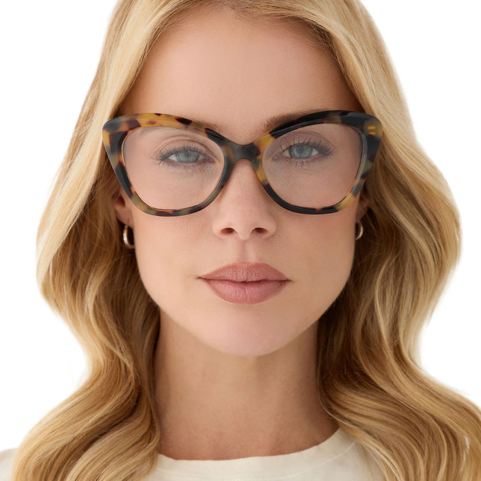 on model - female wearing diff eyewear featuring the betty cat eye prescription glasses with a brown kombu frame front view