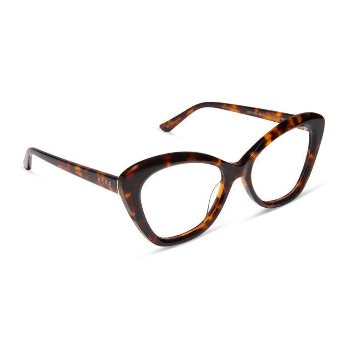 diff eyewear featuring the betty cateye prescription glasses with a rich tortoise frame angled view