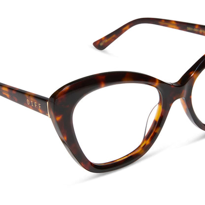 diff eyewear featuring the betty cateye prescription glasses with a rich tortoise frame detailed view