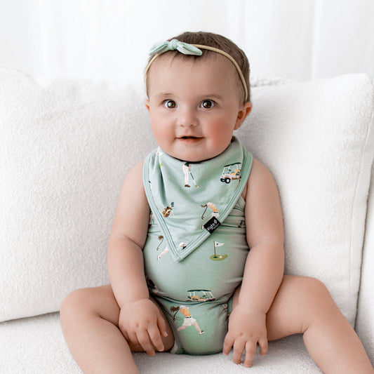 Infant wearing Bib in Golf over Spaghetti Strap Bodysuit