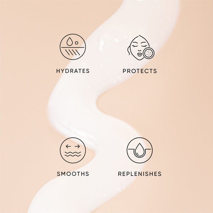 Skin care product benefits displayed on a beige background with icons and text.