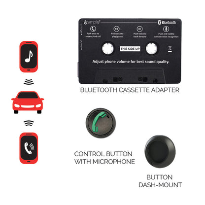 Bluetooth cassette adapter with control button and dash mount