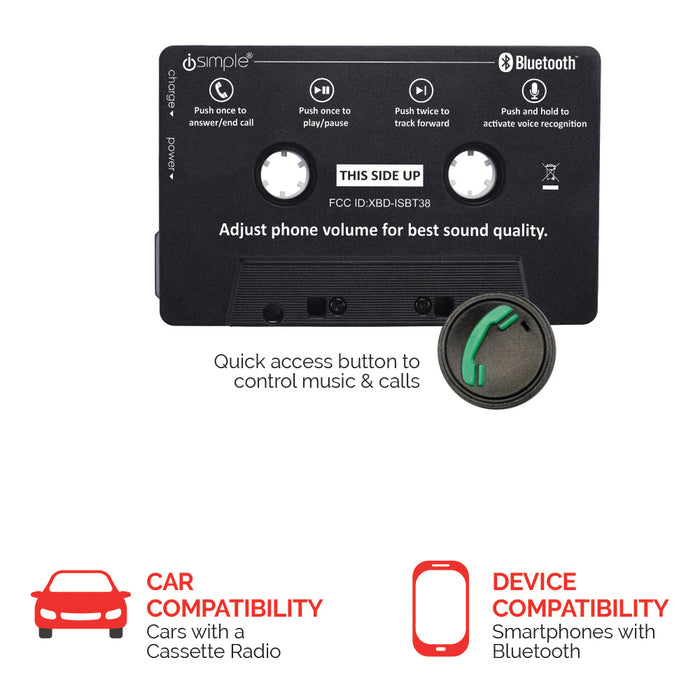 Bluetooth cassette adapter with control button and compatibility icons for cars and smartphones