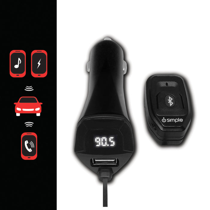 Black car FM transmitter with USB port and separate Bluetooth remote control