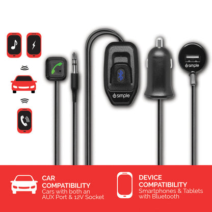 Bluetooth car adapter with AUX and USB power plug showing compatibility icons for music calls and charging