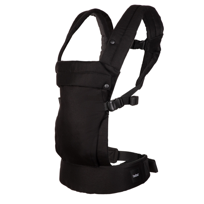 A Boba Auri black baby carrier shown from the side against a solid white background, featuring padded shoulder straps, a front pouch, and a waist belt with a small visible 'boba' brand tag.