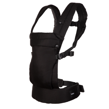 A Boba Auri black baby carrier shown from the side against a solid white background, featuring padded shoulder straps, a front pouch, and a waist belt with a small visible 'boba' brand tag.