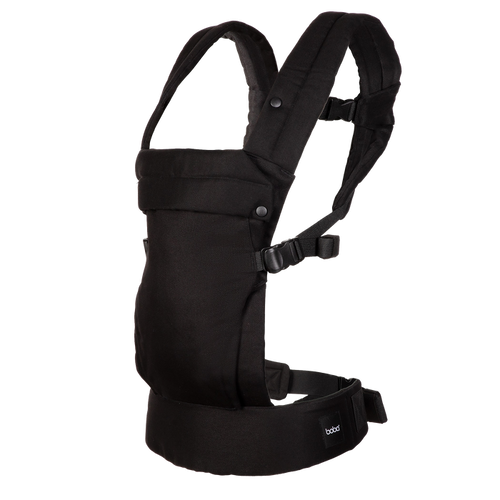 A Boba Auri black baby carrier shown from the side against a solid white background, featuring padded shoulder straps, a front pouch, and a waist belt with a small visible 'boba' brand tag.