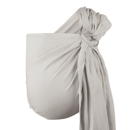 A Boba Ring Sling Baby Carrier made from a unique linen bamboo viscose fabric blend, perfect for all seasons. Lightweight and breathable, it stores compactly, ideal for newborn snuggles to toddler ups and downs (8 - 35Ibs). Pampas Beige