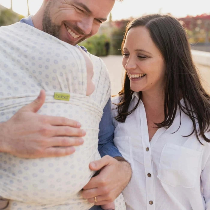 A Boba Serenity Baby Wrap, made from a buttery soft, extra breathable bamboo blend fabric (68% Viscose from Bamboo, 25% Cotton, 7% Spandex). Ergonomic, award-winning design fits babies from 7 Ibs to 35 Ibs, best up to 20 Ibs. Machine washable, dryer friendly, and certified hip-healthy. Anvi