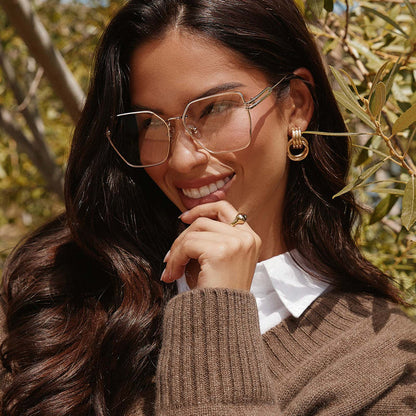 on model - female wearing diff eyewear bonnie square prescription glasses gold angled view