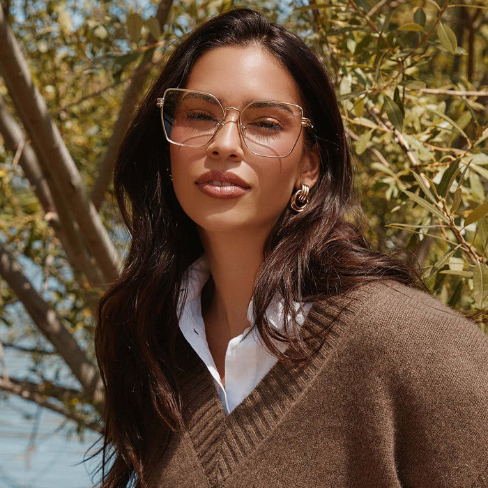 on model - female wearing diff eyewear bonnie square prescription glasses gold front view