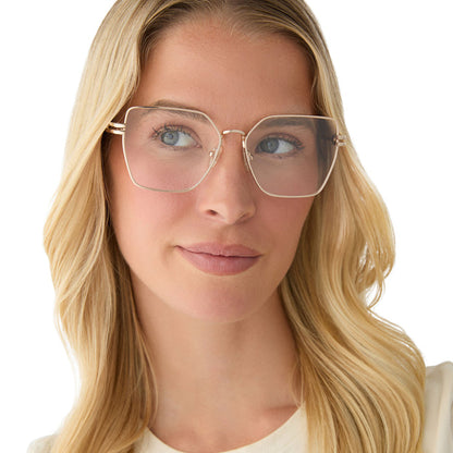 on model - female wearing diff eyewear bonnie square prescription glasses with a gold metal frame front view