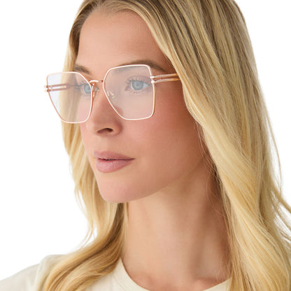 on model - female wearing diff eyewear bonnie square prescription glasses with a rose gold metal frame side view