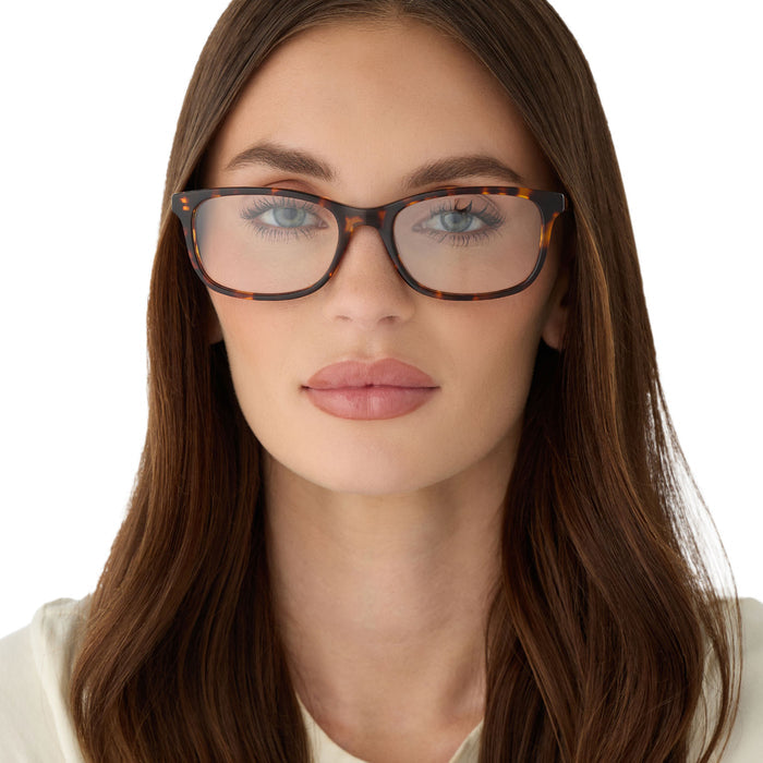 on model - female wearing diff eyewear featuring the bradford rectangle prescription glasses with a rich tortoise frame front view