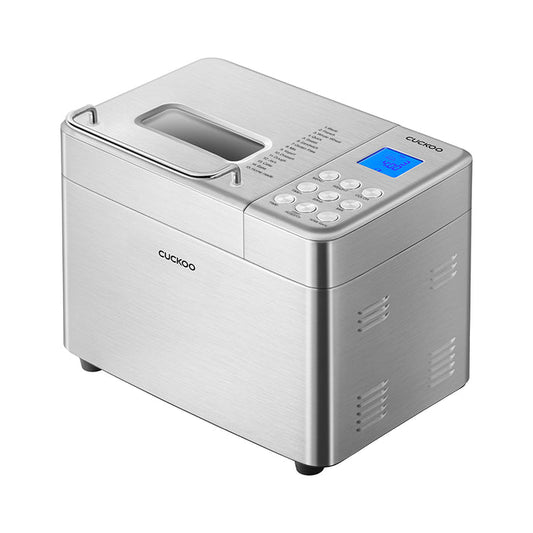 Cuckoo stainless steel bread maker featuring a digital control panel, viewing window, and multiple automatic baking programs. (CBM-AAB101S)