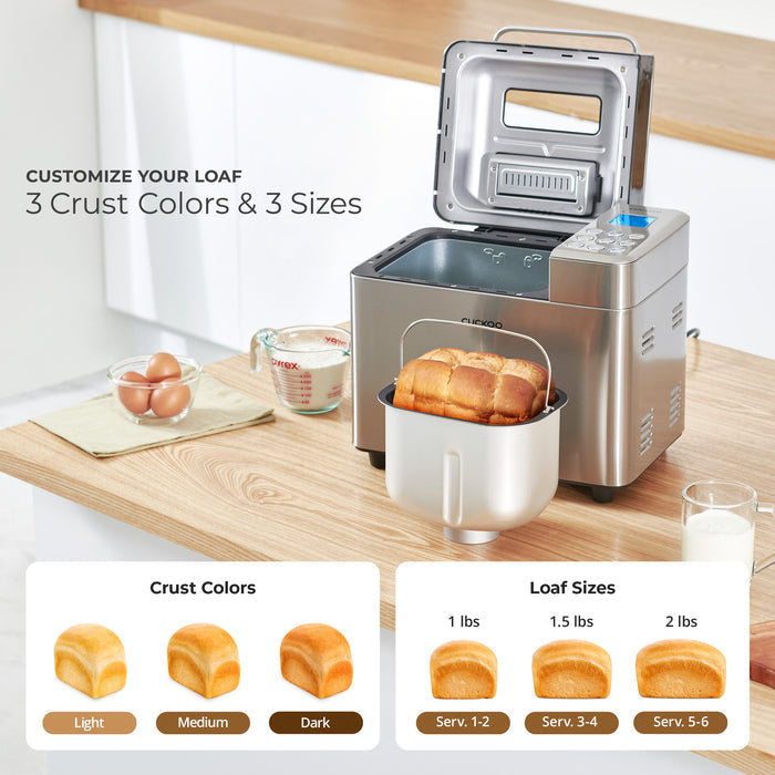 Customize Your Loaf: Cuckoo bread maker offering 3 crust color settings and 3 loaf size options for personalized baking. (CBM-AAB101S)