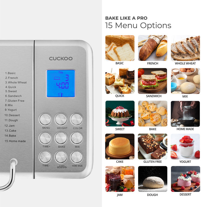 Bake Like a Pro: Cuckoo bread maker featuring 15 automatic menu options for versatile baking and food preparation. (CBM-AAB101S)