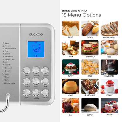Bake Like a Pro: Cuckoo bread maker featuring 15 automatic menu options for versatile baking and food preparation. (CBM-AAB101S)