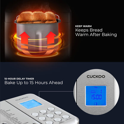 Convenience Features: Cuckoo bread maker with Keep Warm function to maintain temperature and a 15-hour delay start timer. (CBM-AAB101S)