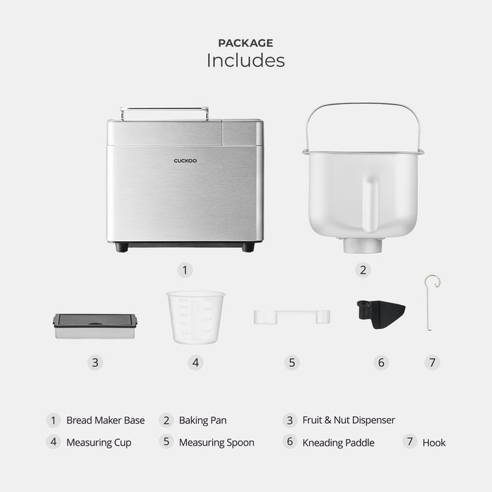 Package Contents: bread maker includes a base, baking pan, fruit and nut dispenser, measuring cup, spoon, paddle, and hook. (CBM-AAB101S)