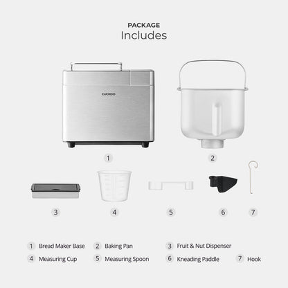 Package Contents: bread maker includes a base, baking pan, fruit and nut dispenser, measuring cup, spoon, paddle, and hook. (CBM-AAB101S)