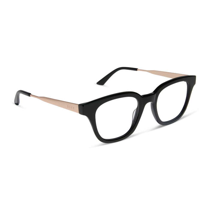 diff eyewear featuring the bridget round prescription glasses with a black with gold frame and prescription lenses angled view