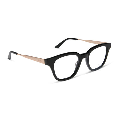 diff eyewear featuring the bridget round prescription glasses with a black with gold frame and prescription lenses angled view