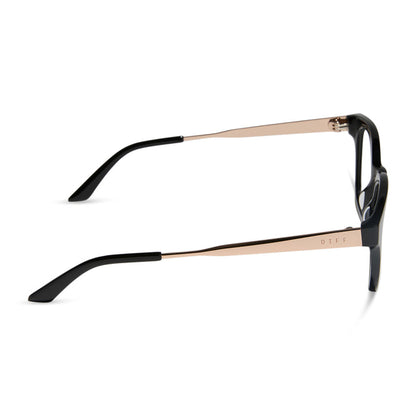 diff eyewear featuring the bridget round prescription glasses with a black with gold frame and prescription lenses side view