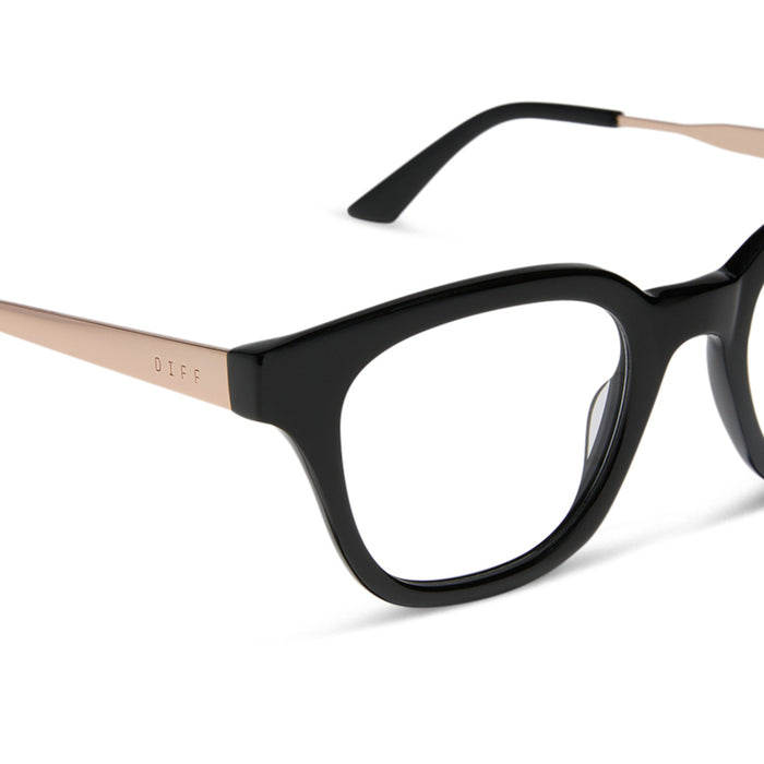 diff eyewear featuring the bridget round prescription glasses with a black with gold frame and prescription lenses detailed view
